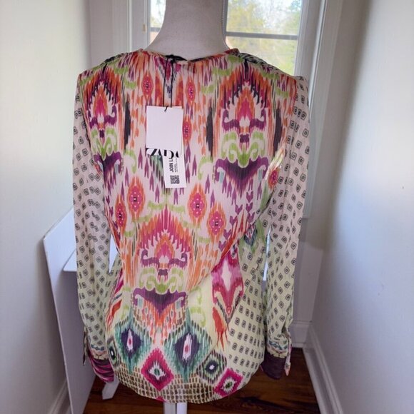 NWT NEW Zara Feather Trim Printed Blouse XS Boho Sheer Tassle Button Front - Picture 9 of 10